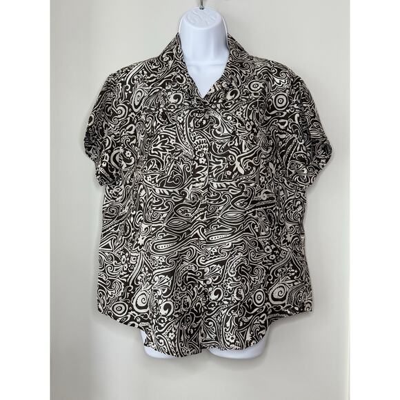 CHICOS Shirt Womens Silk Button Up Top Size 2 Large Brown Cream Resort Tribal - Picture 1 of 14